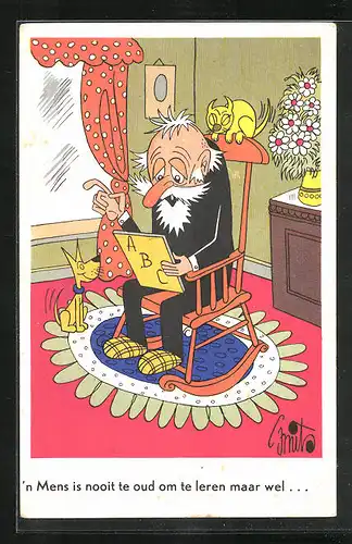 Künstler-AK Utrecht, `n Mens is nooit te oud om te leren maar wel..., Älterer Hund mit Tafel, Bank Concordia