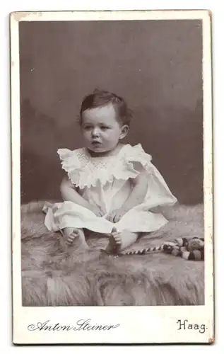 Fotografie Anton Steiner, Haag, Ansicht Haag in Oberbayern, Burg Haag, Rückseitig Baby auf Felldecke sitzend