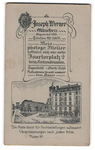 Fotografie Joseph Werner, München, Ansicht München, Geschäftshaus am Isartorplatz 2, Rückseitig Damen-Portrait