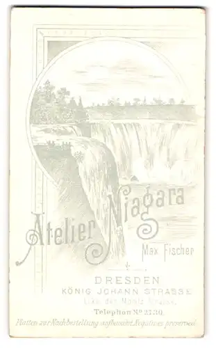 Fotografie Max Fischer, Dresden, Ansicht Niagara Falls / NY, Niagarafälle Wasserfall, Rückseitig Herren-Portrait