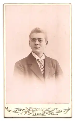 Fotografie Max Fischer, Dresden, Ansicht Niagara Falls / NY, Niagarafälle Wasserfall, Rückseitig Herren-Portrait