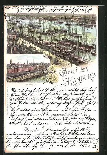 Lithographie Hamburg, Lagerhäuser am Hafen