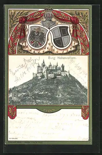 Passepartout-Lithographie Burg Hohenzollern mit schimmernden Wappen