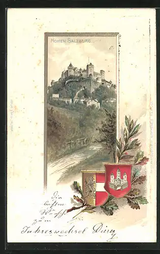 Passepartout-Lithographie Salzburg, Hohen Salzburg mit prächtigem Wappen
