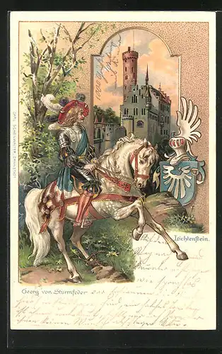 Passepartout-Lithographie Schloss Lichtenstein, Wappen von Georg von Sturmfeder
