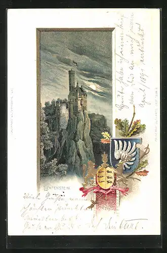 Passepartout-Lithographie Schloss Lichtenstein bei Mondschein mit Wappen