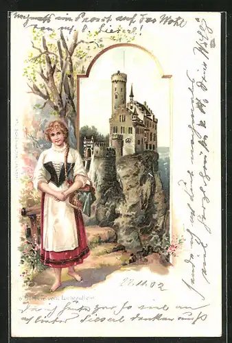 Präge-Lithographie Schloss Lichtenstein mit Bärbele von Lichtenstein