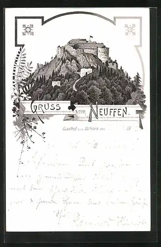 Lithographie Neuffen, Burg auf Bergspitze