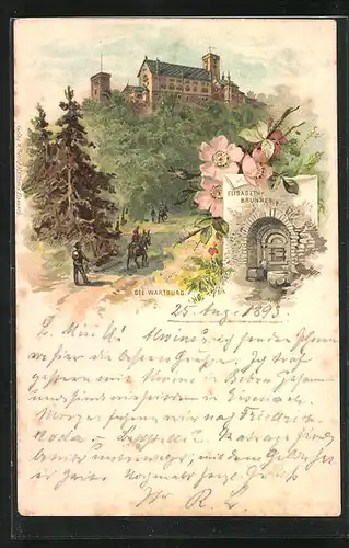 Lithographie Wartburg mit Elisabeth-Brunnen