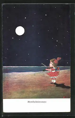 Künstler-AK Mädchen in Polka Dot Kleid spielt dem Mond ein Ständchen auf der Geige, Mondscheinsonate