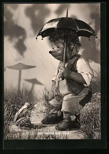 AK Mecki mit Schirm vor Frosch im Regen, ...und warte auf Dich!