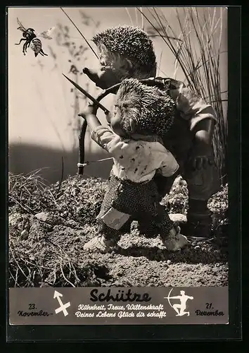 AK Sternzeichen Schütze, Mecki und Sohn schiessen mit Bogen Wespe