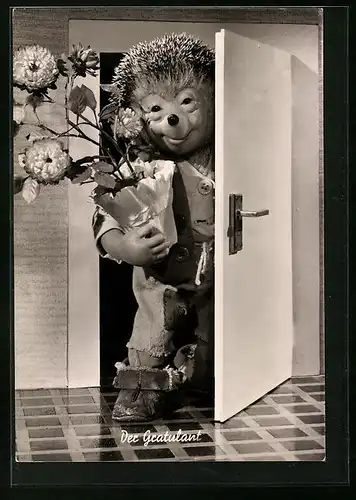 AK Der Gratulant, Mecki mit Blumen