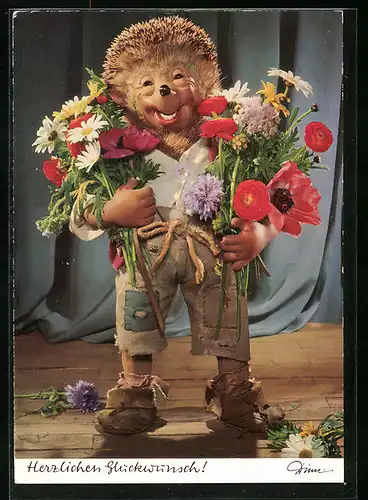 AK Mecki mit Blumen in den Händen, Glückwunsch