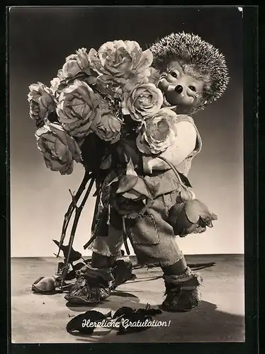 AK Mecki als Gratulant mit Rosenstrauss