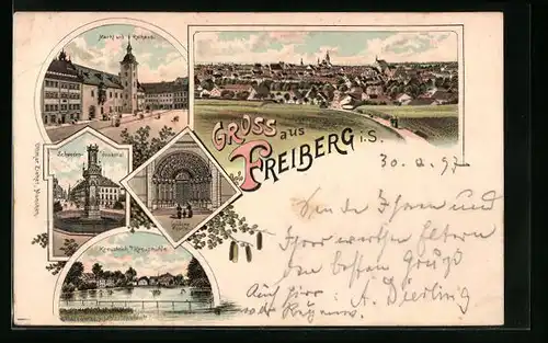 Lithographie Freiberg i. S., Goldene Pforte, Markt und Rathaus, Schwedendenkmal