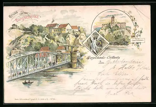 Lithographie Haale an der Saale, Gasthaus Bergschenke Cröllwitz