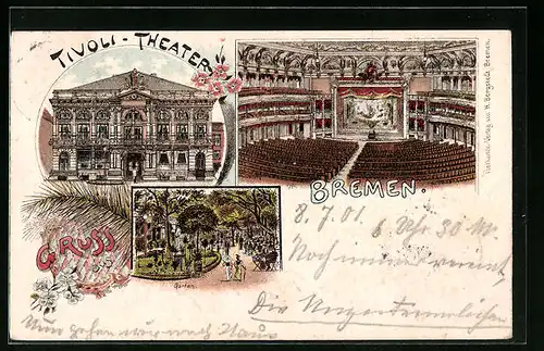Lithographie Bremen, Tivoli-Theater, Gartenanlagen