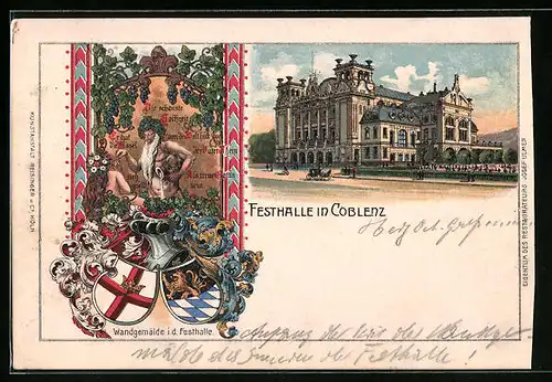 Passepartout-Lithographie Koblenz, Gasthaus, Wandgemälde der Festhalle, Wappen