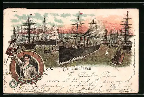 Lithographie Wilhelmshaven, Dampfer im Hafen, Matrose