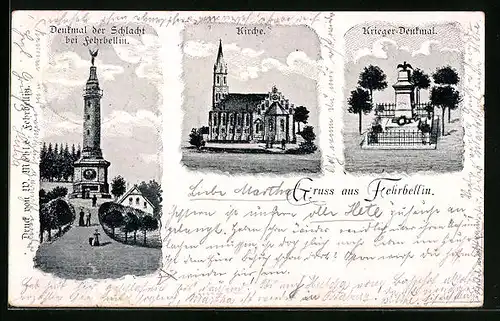 Lithographie Fehrbellin, Denkmal der Schlacht, Kirche, Krieger-Denkmal