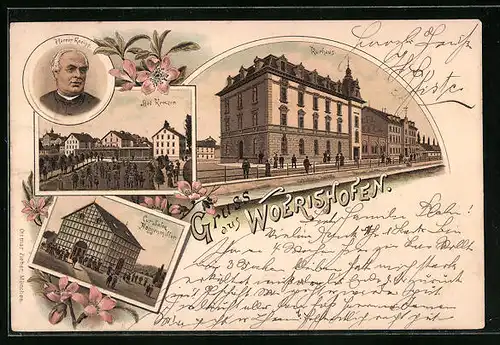 Lithographie Bad Wörishofen, Gasthaus - Kursalon Häggenmillen, Hotel Bad Kreuzer, Pfarrer Kneipp