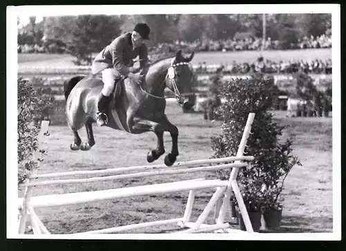 Fotografie Gerhard Riebicke, Berlin, Reiter zu Pferd überspringt Hinderniss beim Springreit-Turnier