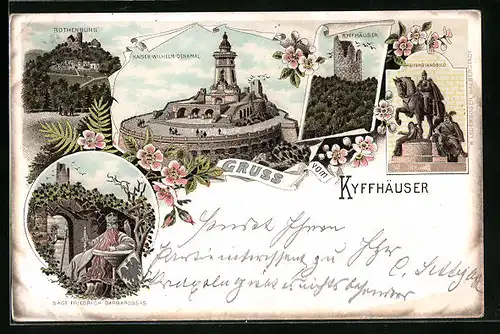 Lithographie Kyffhäuser, Kaiser-Wilhelm-Denkmal, Rothenburg, Sage Friedrich Barbarossa