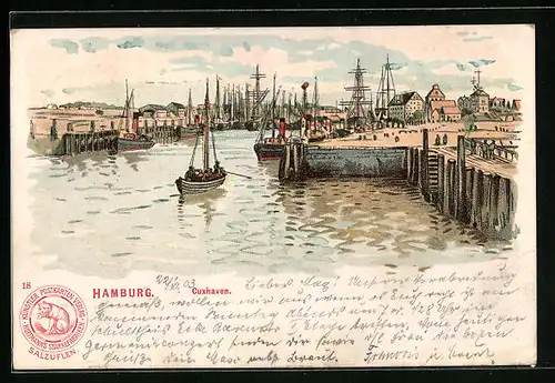 Lithographie Cuxhaven, Hafenpartie mit Schiffen