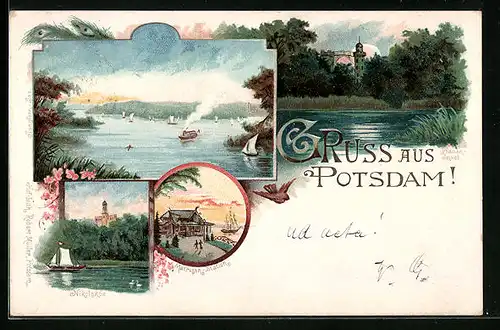 Lithographie Potsdam, Gasthaus Matrosen-Station, Nikolsköe, Pfauen-Insel