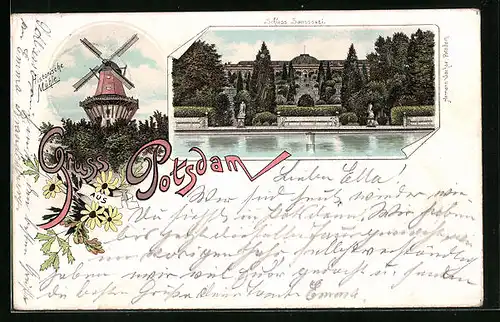 Lithographie Potsdam, Historische WIndmühle, Schloss Sanssouci