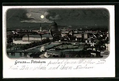 Mondschein-Lithographie Potsdam, Totalansicht mit Kirche