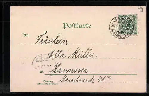 Lithographie Werder, Panorama während Baumblüte, Windmühle