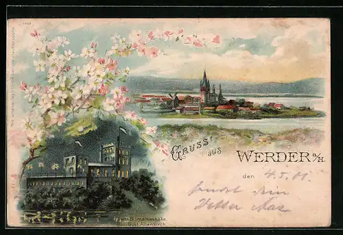 Lithographie Werder a. H., Restaurant Bismarckhöhe, Totalansicht