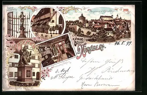 Lithographie Nürnberg, Gasthaus Bratwurstglöcklein, Hans Sachs Denkmal, Panorama