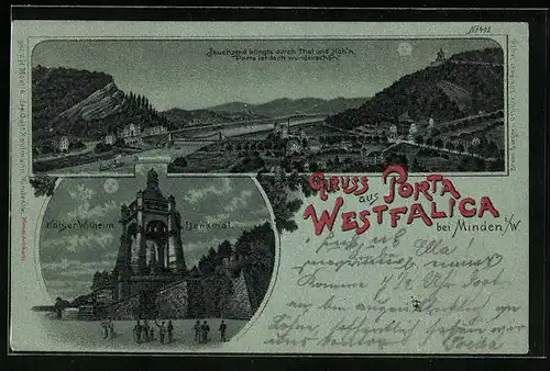 Mondschein-Lithographie Porta Westfalica, Kaiser Wilhelm Denkmal, Totalansicht