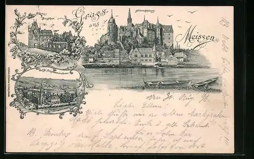 Lithographie Meissen, Albrechtsburg, Burgtor, Porzellanmanufaktur