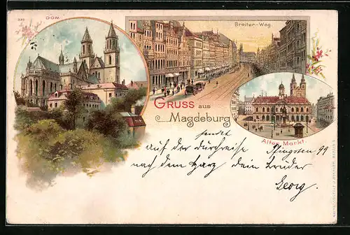 Lithographie Magdeburg, Strasse Breiter-Weg, Dom, Alter Markt