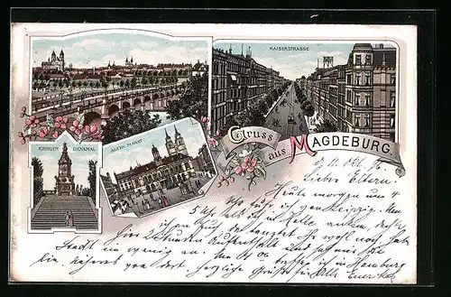 Lithographie Magdeburg, Kaiserstrasse, Alter Markt, Krieger-Denkmal