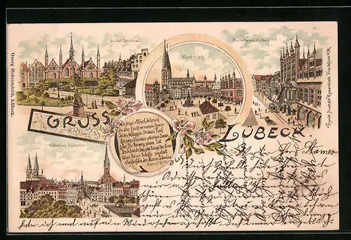 Lithographie Lübeck, Breitestrasse mit Rathaus, Marktplatz, Geibel-Denkmal