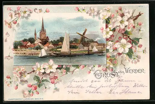 Lithographie Werder, Panorama mit Windmühle