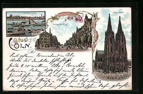 Lithographie Köln, Hohenzollernring, Westseite vom Dom, Schiffbrücke u. Deutz
