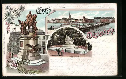 Lithographie Düsseldorf, Krieger-Denkmal, Kaiser Wilhelm-Denkmal, Totalansicht