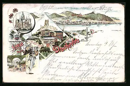 Lithographie Königswinter, Plateau Drachenfels, Drachenburg, Panorama