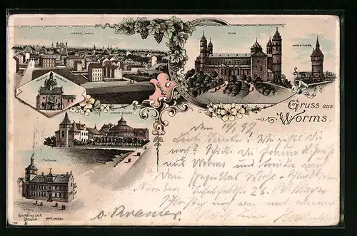 Lithographie Worms, Festspielhaus, Dom, Paulus-Museum