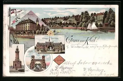 Lithographie Kiel, Düsternbrook, Schloss, Bismarck Denkmal, Levensauer Hochbrücke