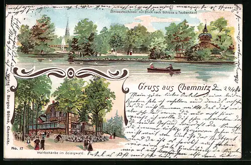 Lithographie Chemnitz, Restaurant Waldschänke im Zeisigwald, Schlossteichinsel mit Blick nach Schloss und Taubenhaus