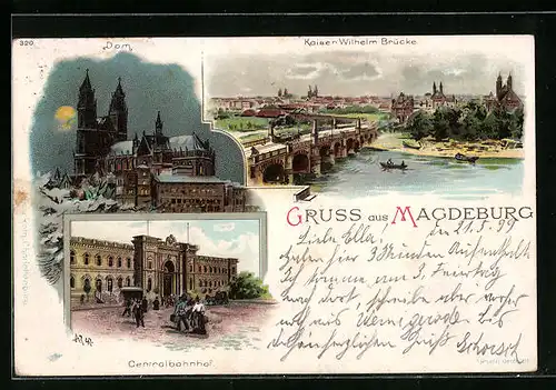 Lithographie Magdeburg, Dom, Centralbahnhof, Kaiser Wilhelm Brücke