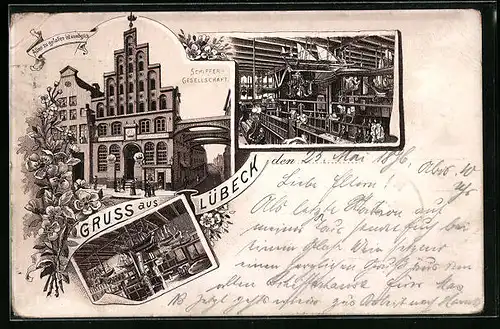 Lithographie Lübeck, Strasse an der Schiffergesellschaft