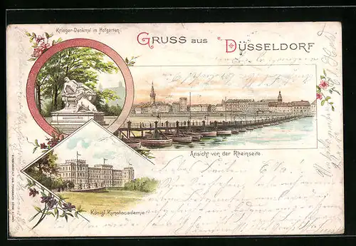 Lithographie Düsseldorf, Königliche Kunstacademie, Krieder-Denkmal im Hofgarten, Ponton-Brücke